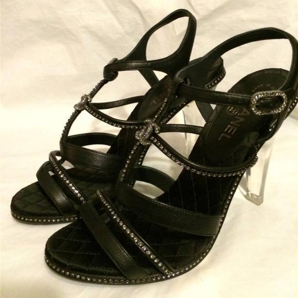 CHANEL 14C Leather Crystal Jewel CC Strappy Sandal Lucite PVC Heel Shoes - Picture 10 of 12